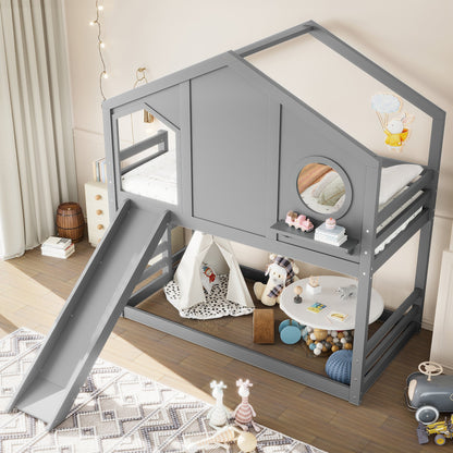 Twin house bunk bed with slide in gray, storage shelves, circular window, HouseOfZazla on Tampa Home & Garden Store