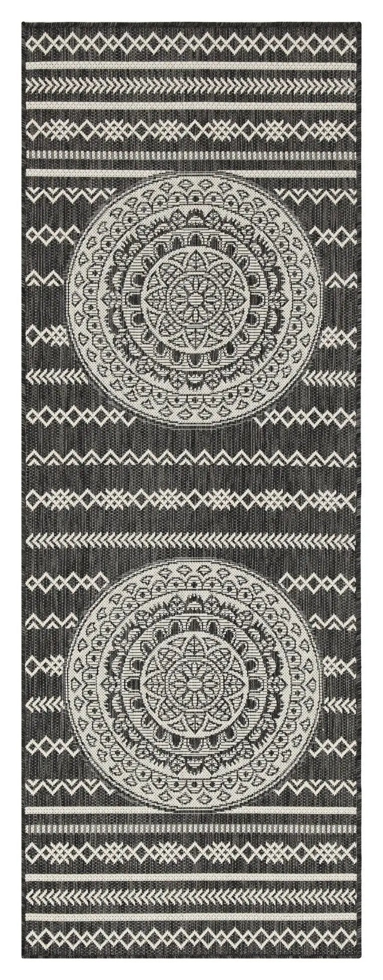 Sunshine indoor/outdoor area rug polypropylene with black ivory mandalas and striped pattern on Tampa Home & Garden Store