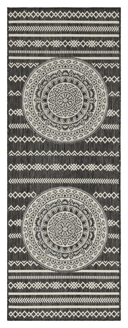 Sunshine indoor/outdoor area rug polypropylene with black ivory mandalas and striped pattern on Tampa Home & Garden Store