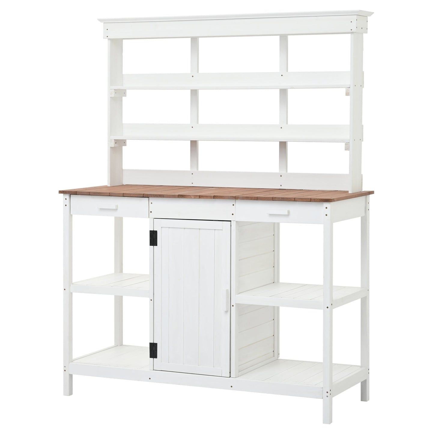 Topmax 66in Outdoor Farmhouse Potting Bench with wood top and white frame HouseOfZazla on Tampa Home & Garden Store