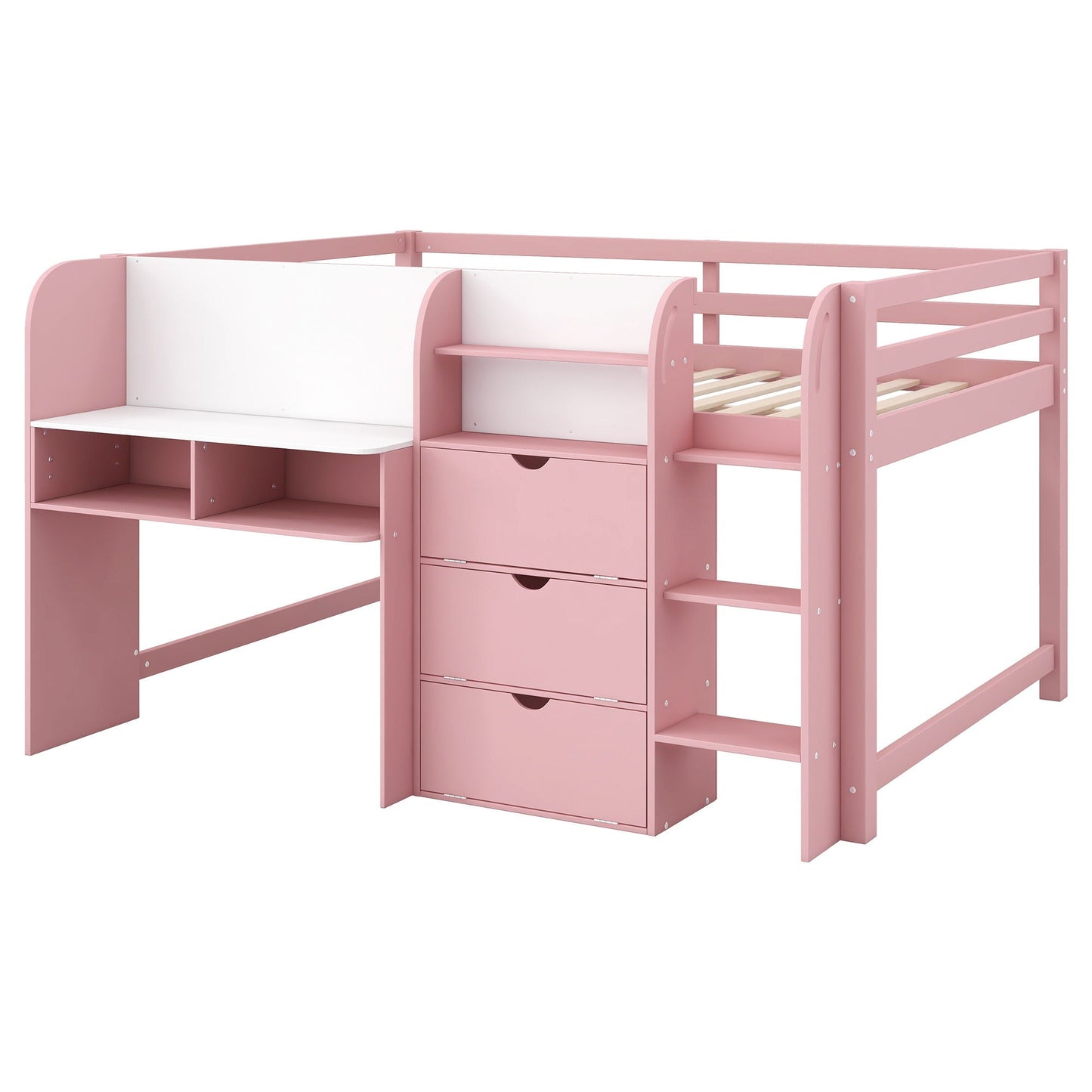Low loft bed with built-in desk, open bookcase and doodle board in pink by HouseOfZazla on Tampa Home & Garden Store