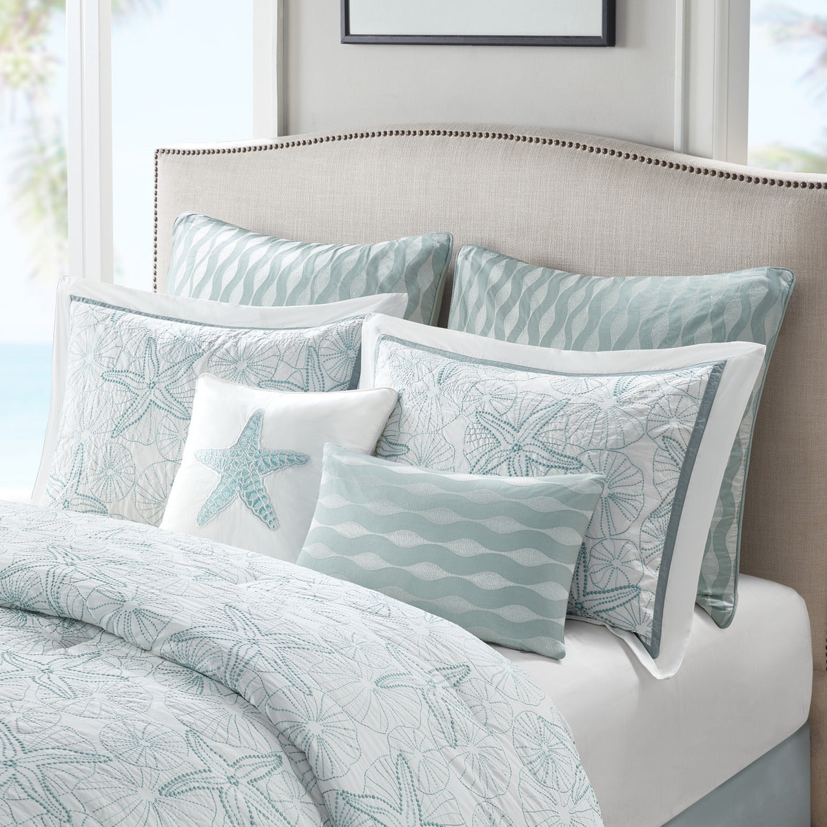 Comforter Set White King by HouseOfZazla teal starfish pattern with coordinating pillows on Tampa Home & Garden Store