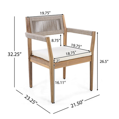Braided acacia wood outdoor dining chair pair with teak-look finish, beige rope, cream cushions on Tampa Home & Garden Store