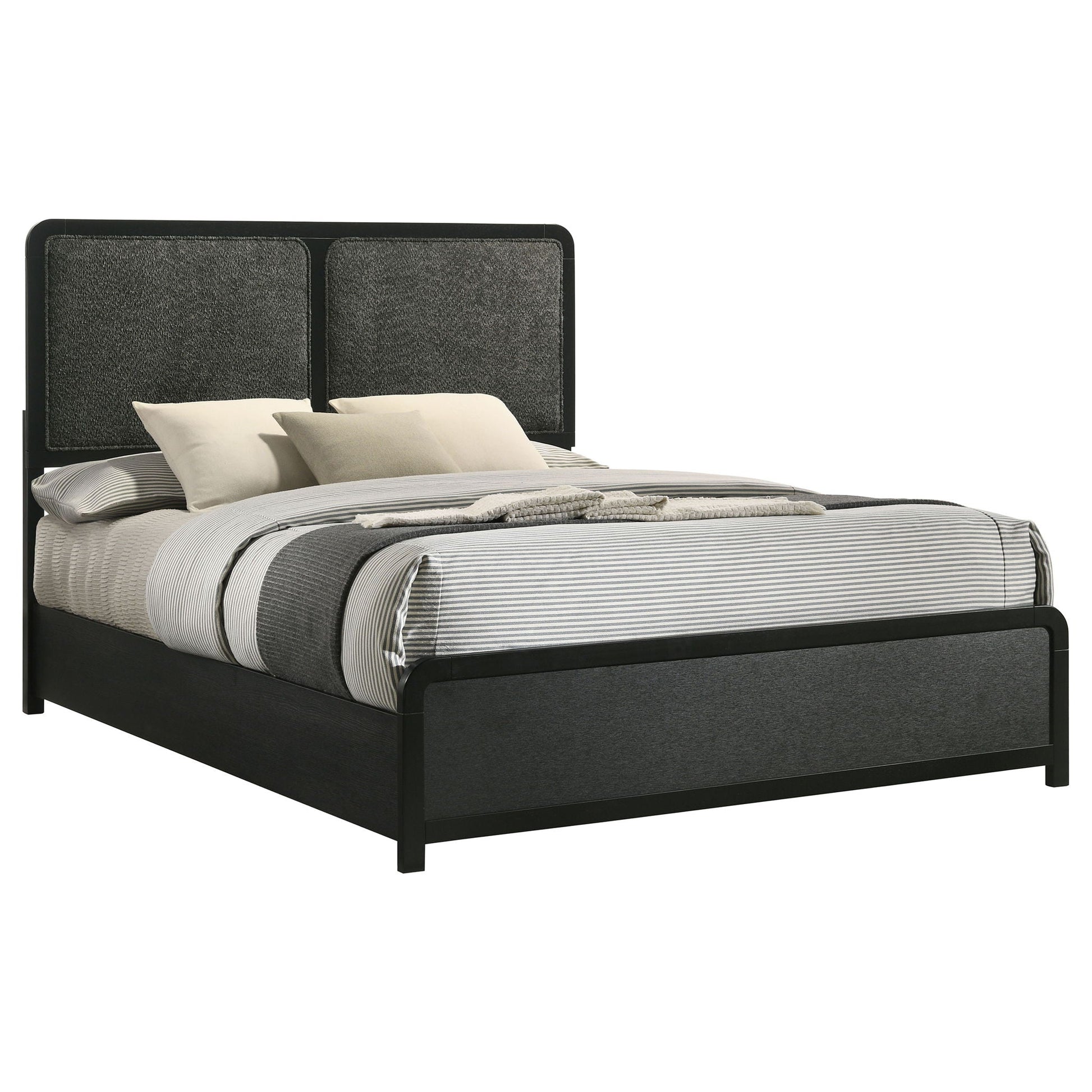 Burton bed with black upholstered headboard panels and striped gray bedding by HouseOfZazla on Tampa Home & Garden Store