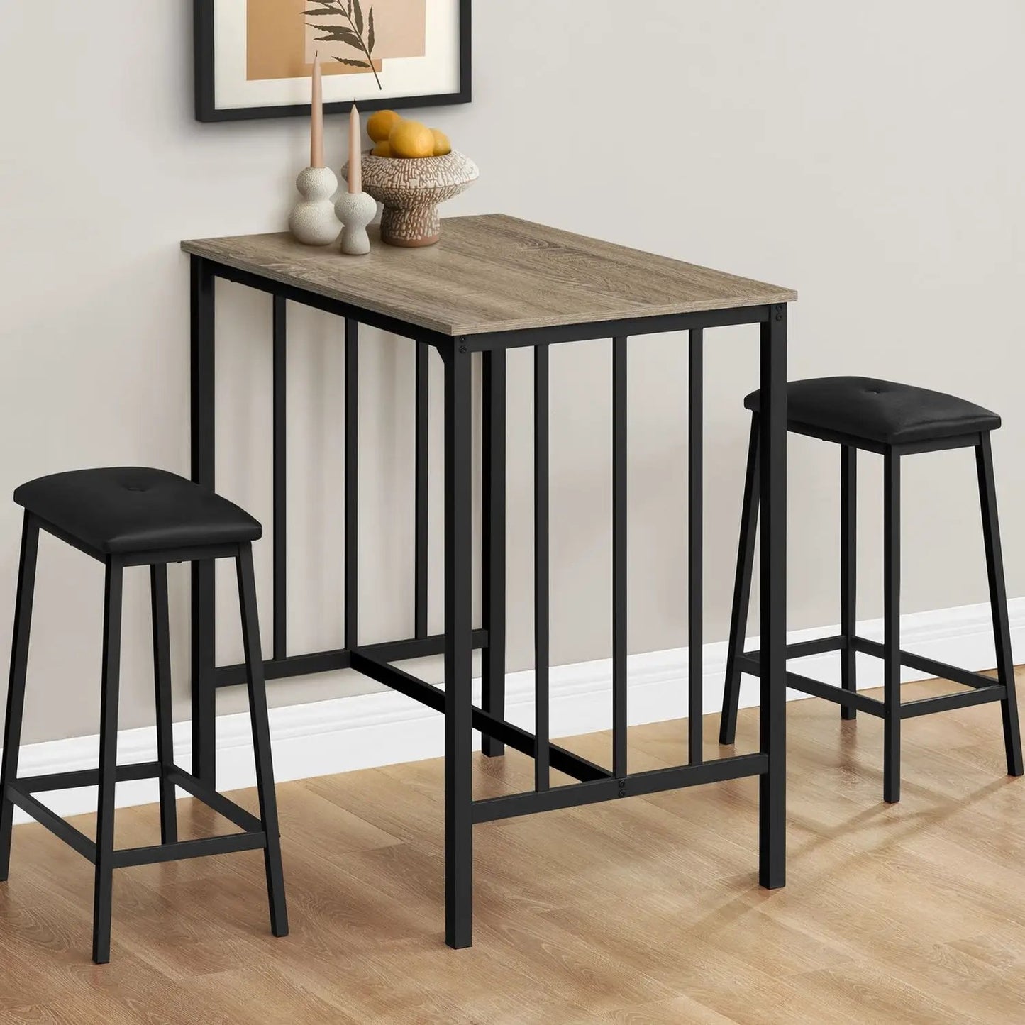 3 Piece Counter Height Dining Set with wood top and padded stools, black metal frame on Tampa Home & Garden Store