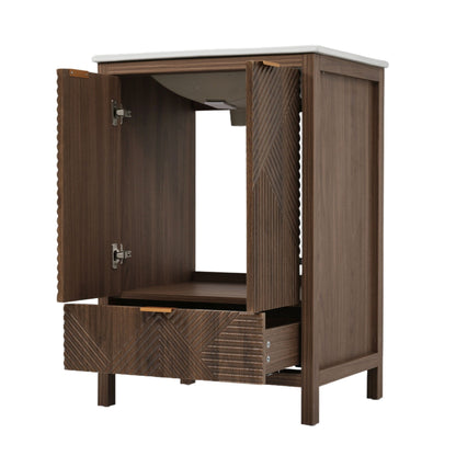 Dark brown vanity with white sink, open cabinet and chevron-front drawer by HouseOfZazla on Tampa Home & Garden Store