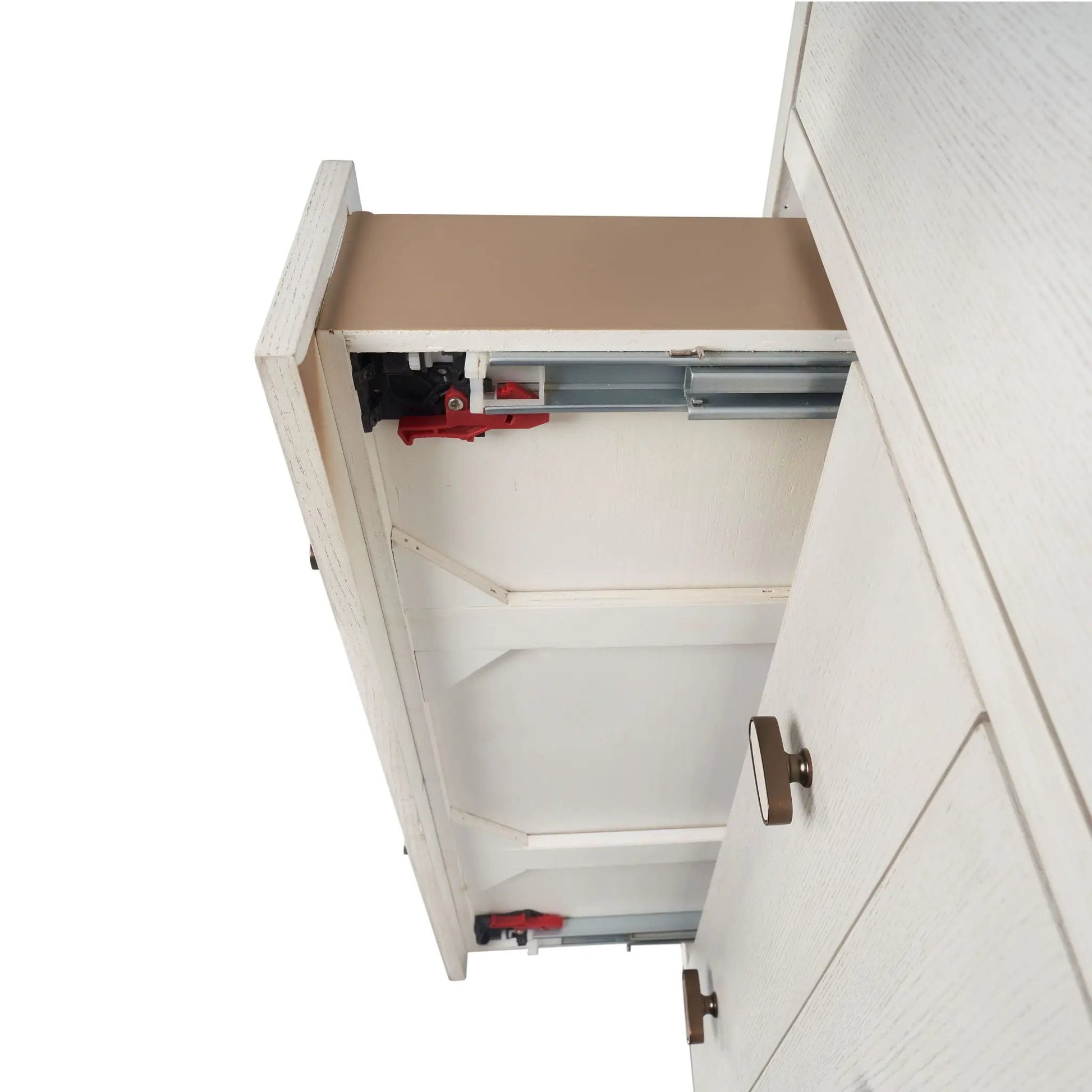 Server With Base white finish, drawer pulled out showing beige tray and exposed metal rails on Tampa Home & Garden Store
