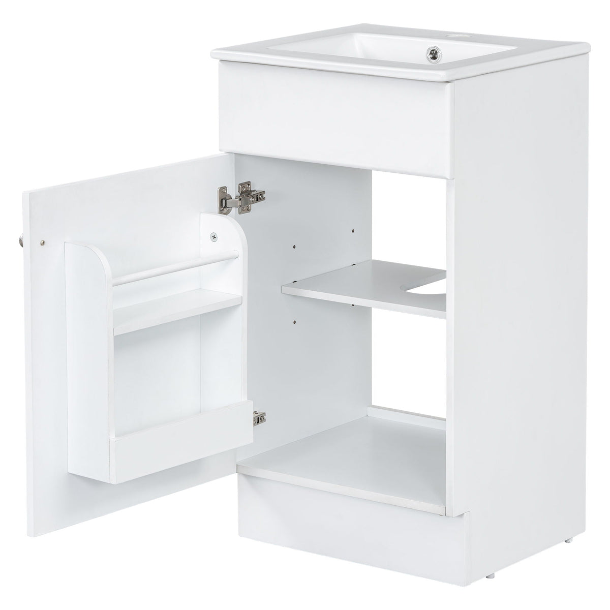 White bathroom vanity with sink and adjustable shelf, open cabinet shown HouseOfZazla on Tampa Home & Garden Store