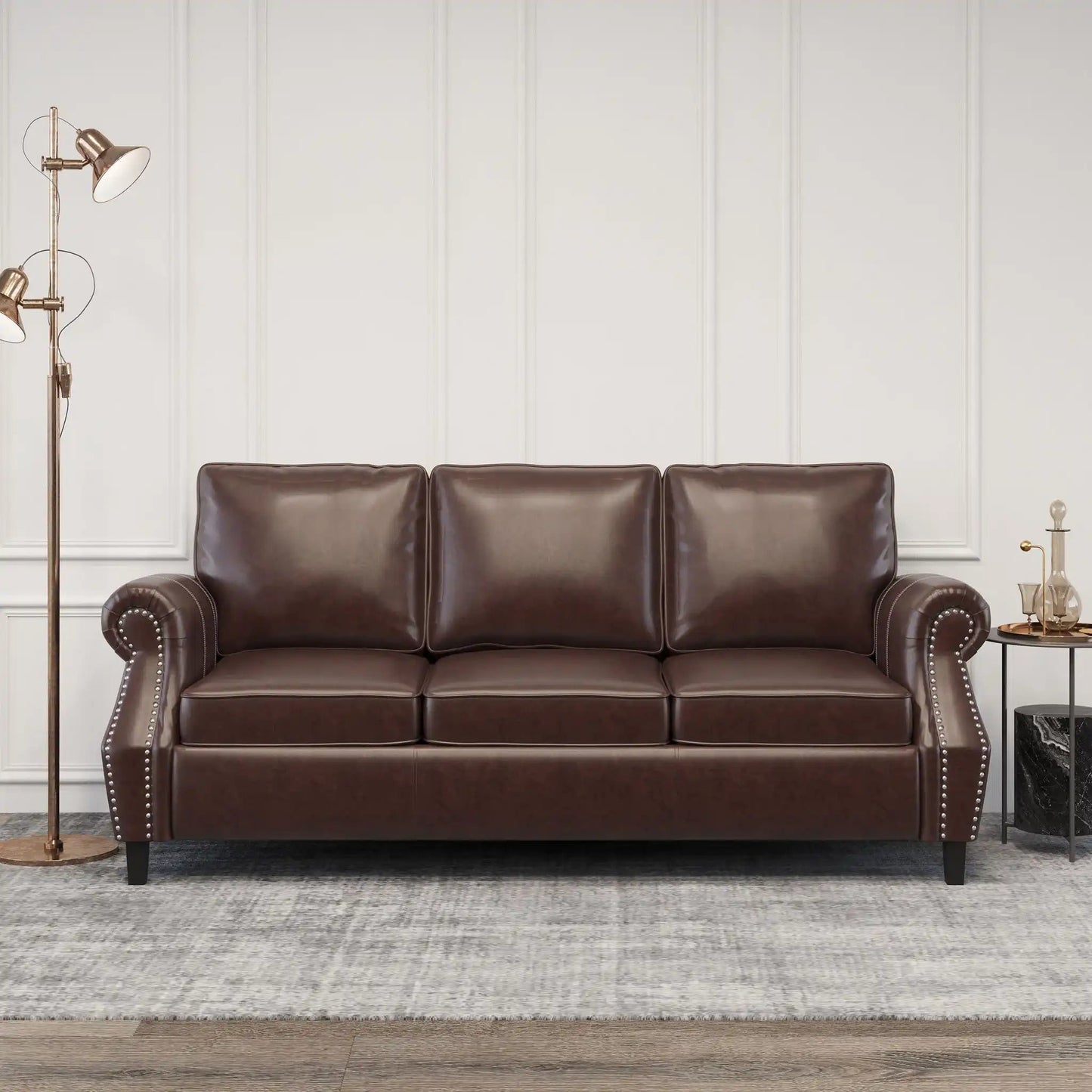Contemporary 3 Seater Leather Sofa with Nailhead Trim in Dark Brown by HouseOfZazla on Tampa Home & Garden Store