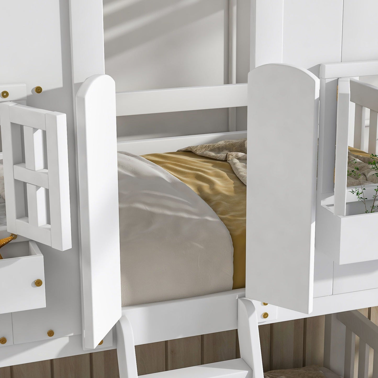 White house-style bunk bed with roof, window box and guardrails by HouseOfZazla on Tampa Home & Garden Store