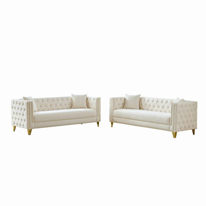 Deep Seat Sofa pair cream tufted with button nailhead, square arms by Unique Piece Furniture on Tampa Home & Garden Store
