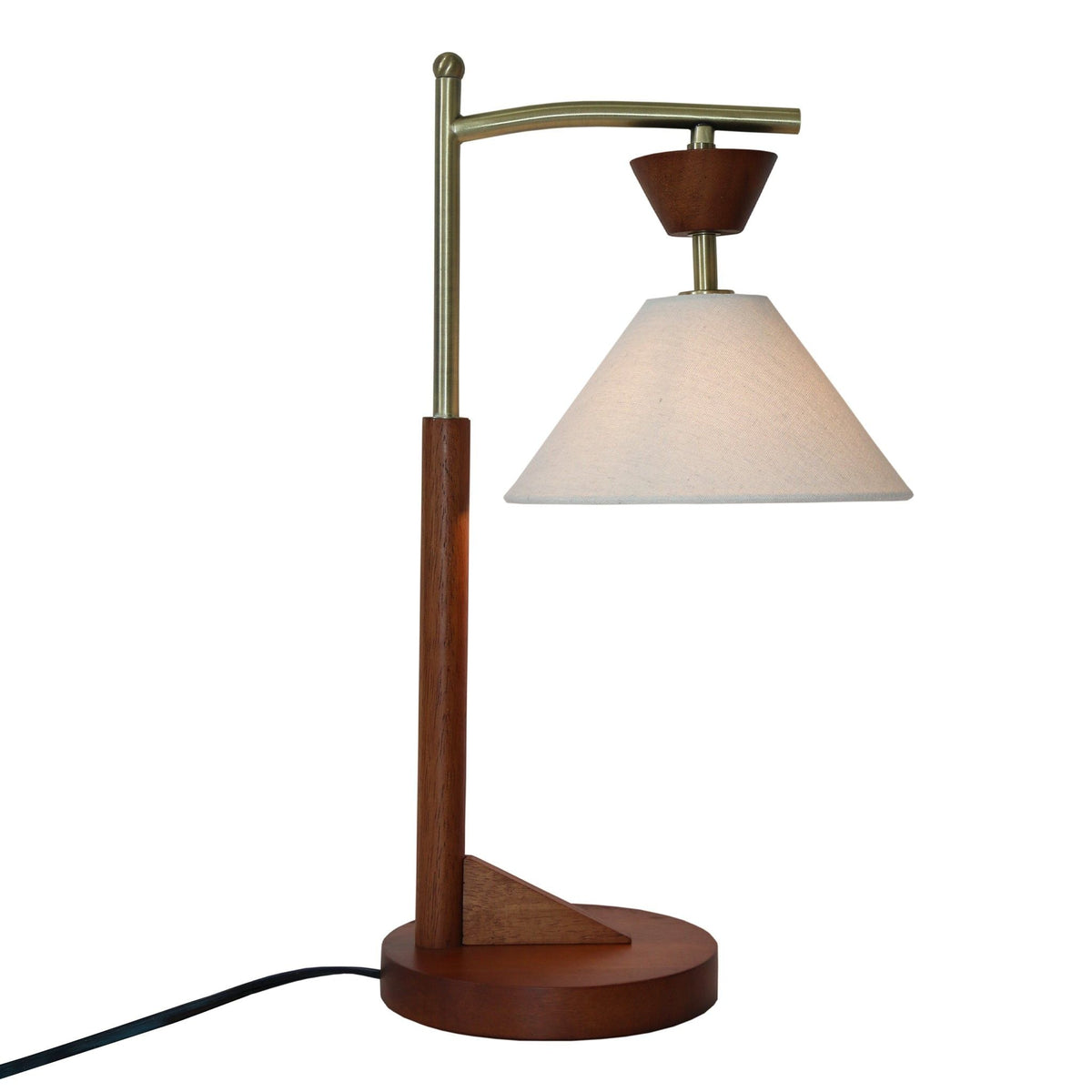 Nightstand lamp with brown cone shade for eye protection, wood base and brass hardware on Tampa Home & Garden Store