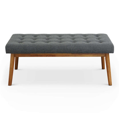 Modern gray velvet upholstered bench with tufted top and wooden legs on Tampa Home & Garden Store