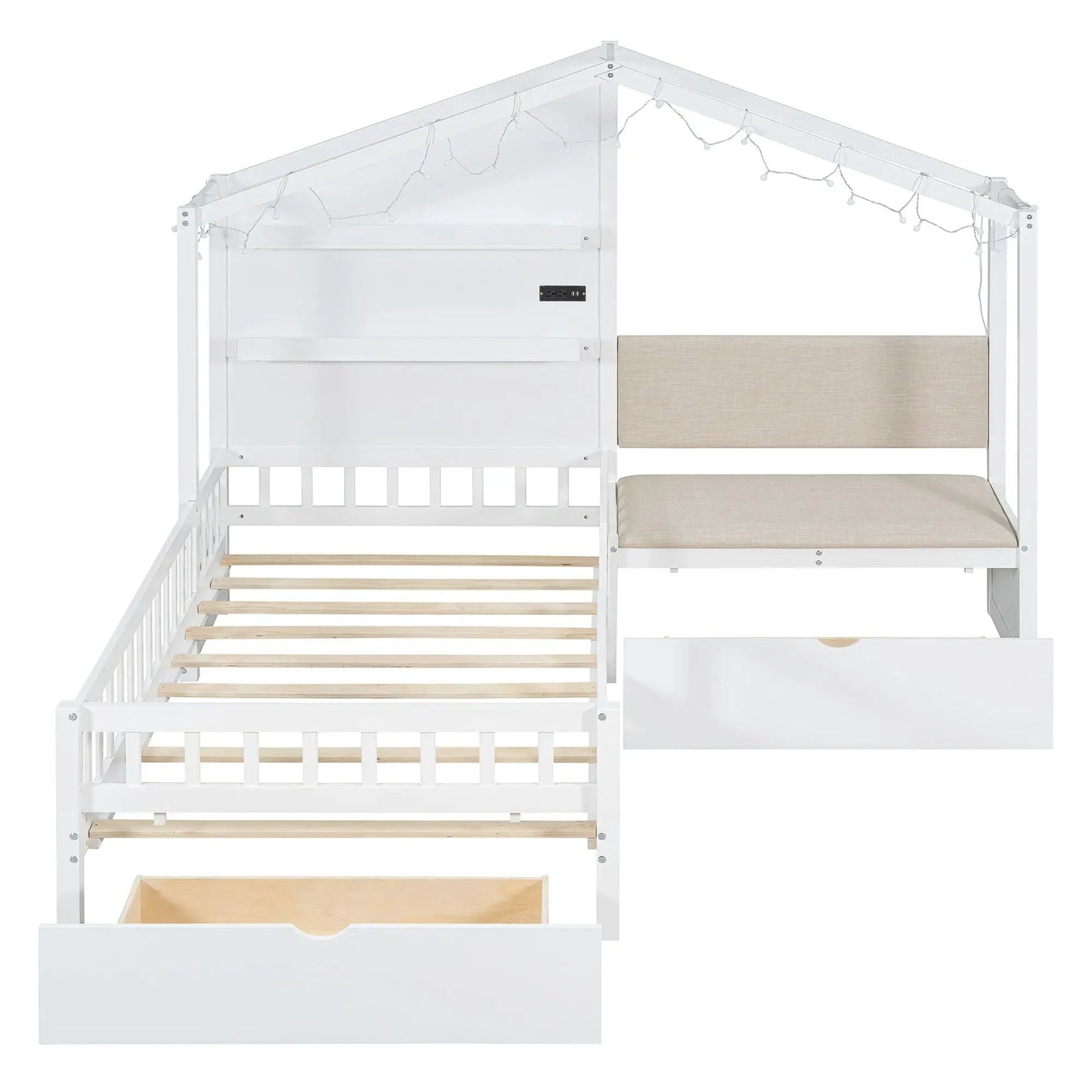 House Bed With Upholstered Sofa, white frame, shelves, 2 drawers, wireless charging on Tampa Home & Garden Store