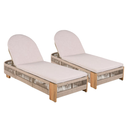 Outdoor chaise lounge chairs, acacia wood with adjustable backs and beige cushions, pair on Tampa Home & Garden Store