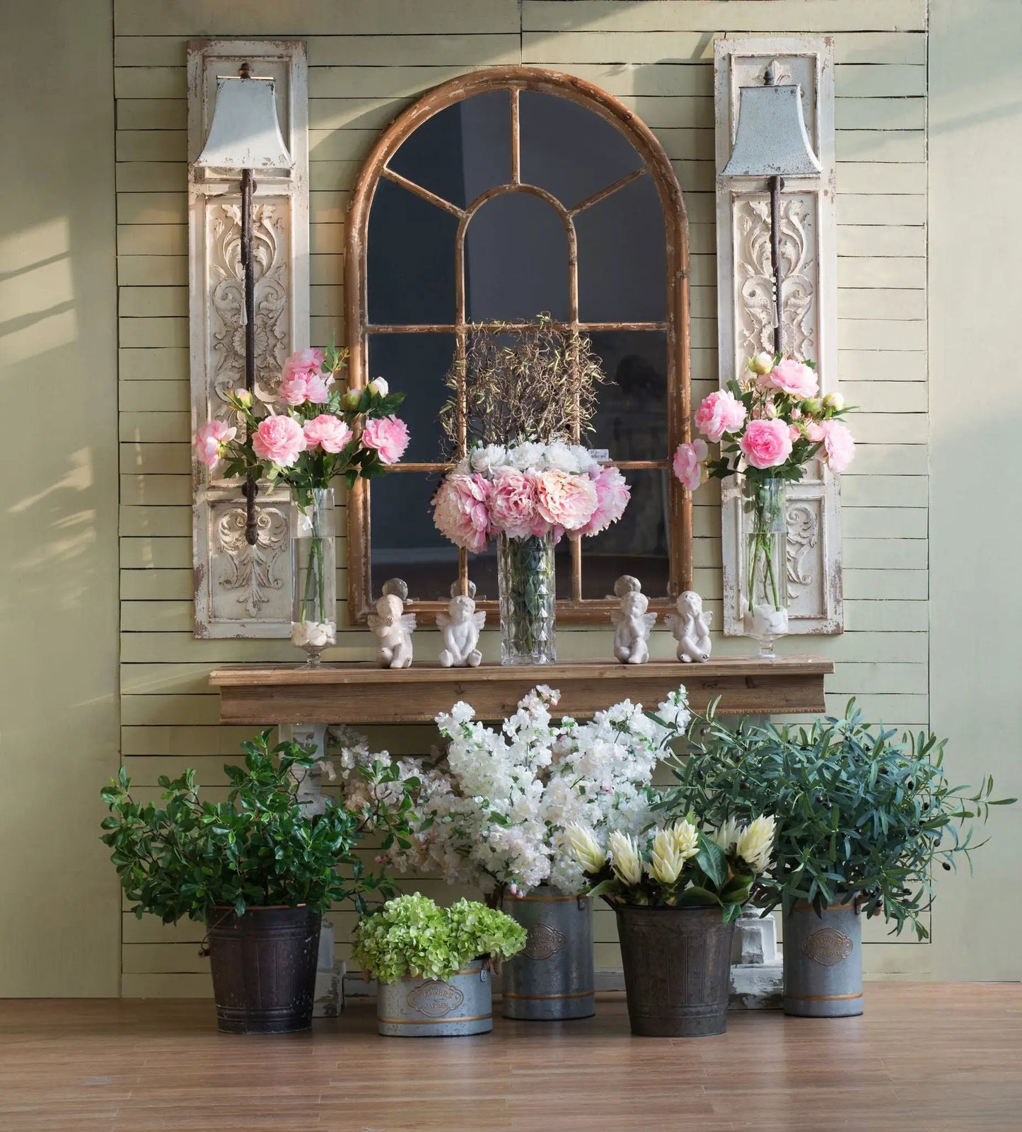 Large arched accent mirror with rustic brown fir wood frame and window-pane design on Tampa Home & Garden Store
