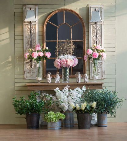 Large arched accent mirror with rustic brown fir wood frame and window-pane design on Tampa Home & Garden Store