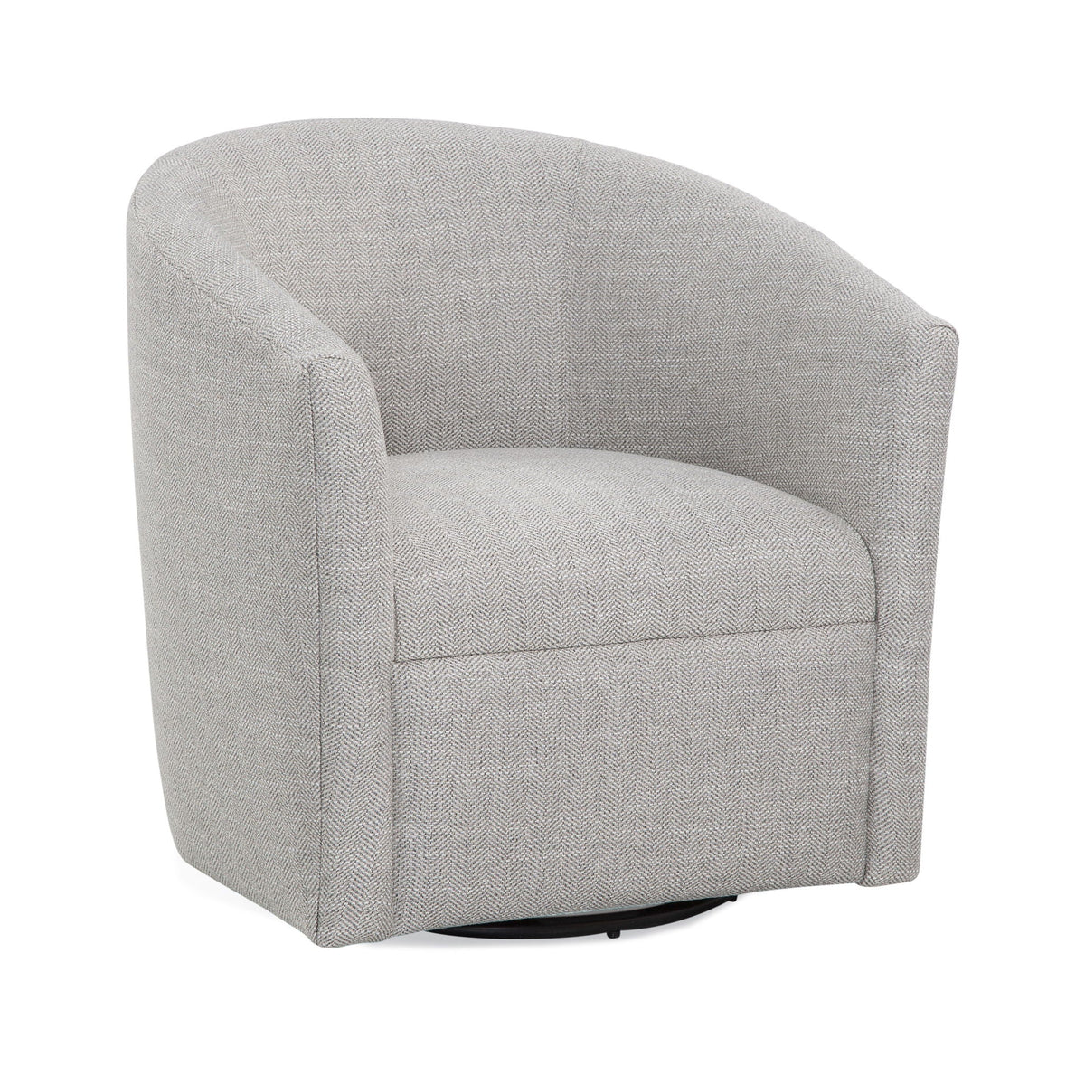 Lainey Swivel Barrel Chair in gray herringbone fabric with rounded arms and black base on Tampa Home & Garden Store