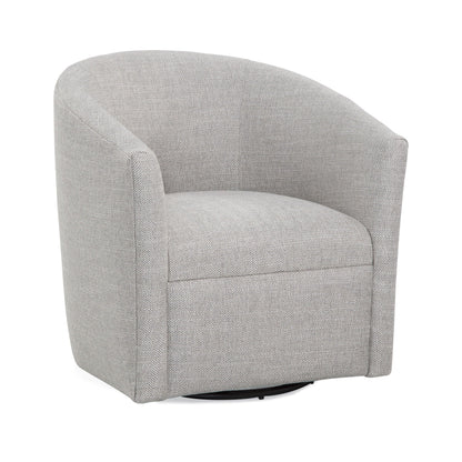 Lainey Swivel Barrel Chair in gray herringbone fabric with rounded arms and black base on Tampa Home & Garden Store
