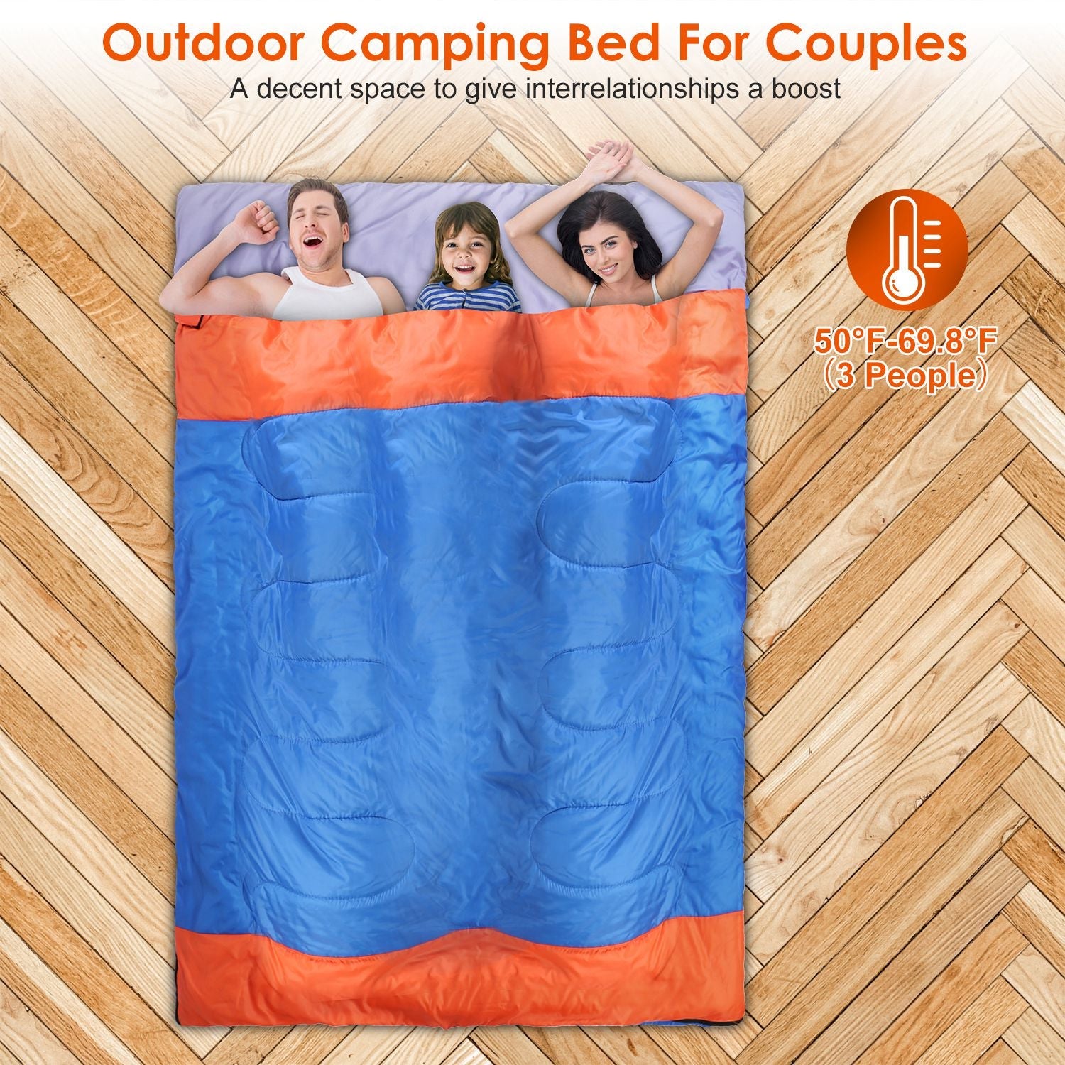 GemGear 3-person sleeping bag for camping, blue with orange top band, water resistant on Tampa Home & Garden Store