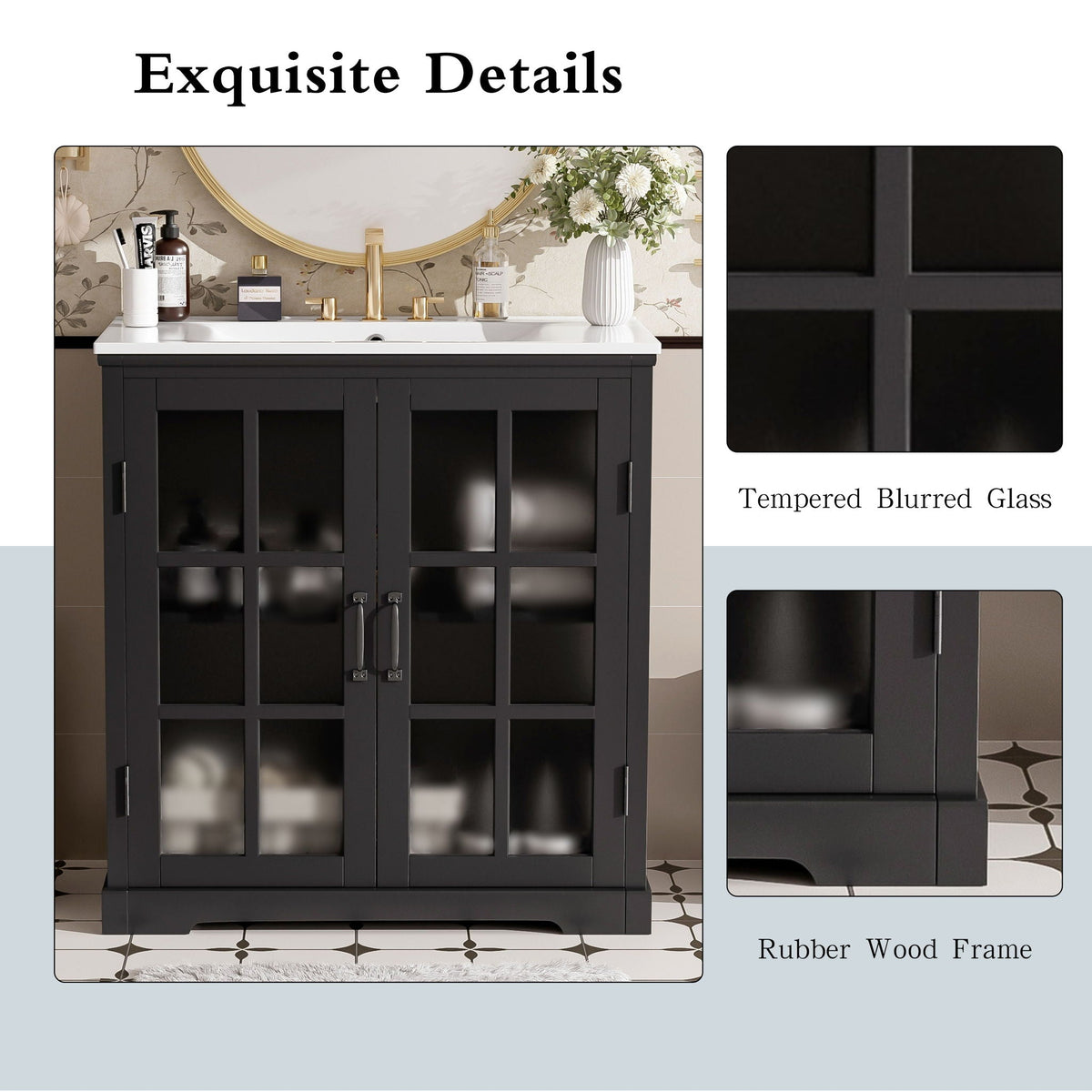 HouseOfZazla vanity with white ceramic sink black finish tempered glass doors on Tampa Home & Garden Store