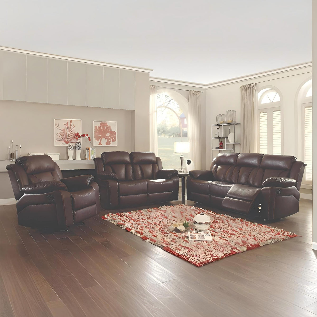 Cozy padded reclining loveseat by HouseOfZazla in dark brown leather; display of recliners on Tampa Home & Garden Store