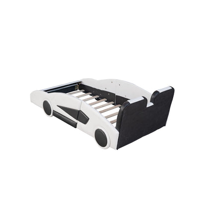 Race car shaped twin platform bed in white with black accents and wood slat base on Tampa Home & Garden Store