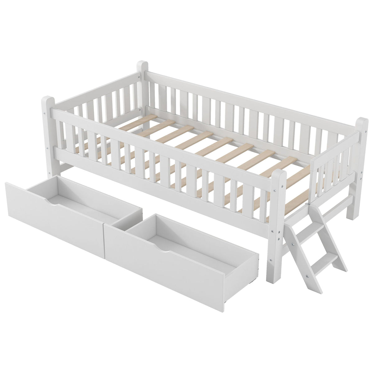 Platform bed with guardrails and 2 drawers, white wood, HouseOfZazla on Tampa Home & Garden Store