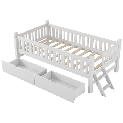 Platform bed with guardrails and 2 drawers, white wood, HouseOfZazla on Tampa Home & Garden Store