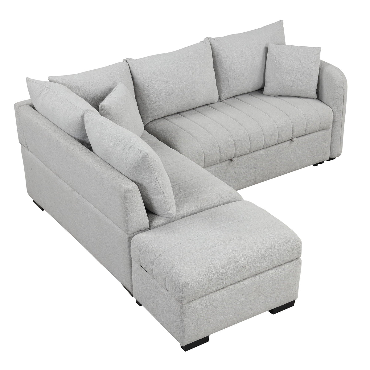 L-Shaped sleeper sectional sofa in light gray boucle fabric with movable storage ottoman on Tampa Home & Garden Store