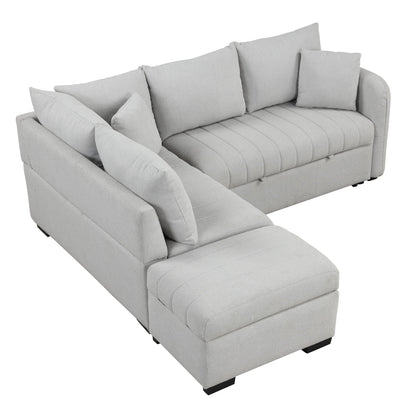 L-Shaped sleeper sectional sofa in light gray boucle fabric with movable storage ottoman on Tampa Home & Garden Store