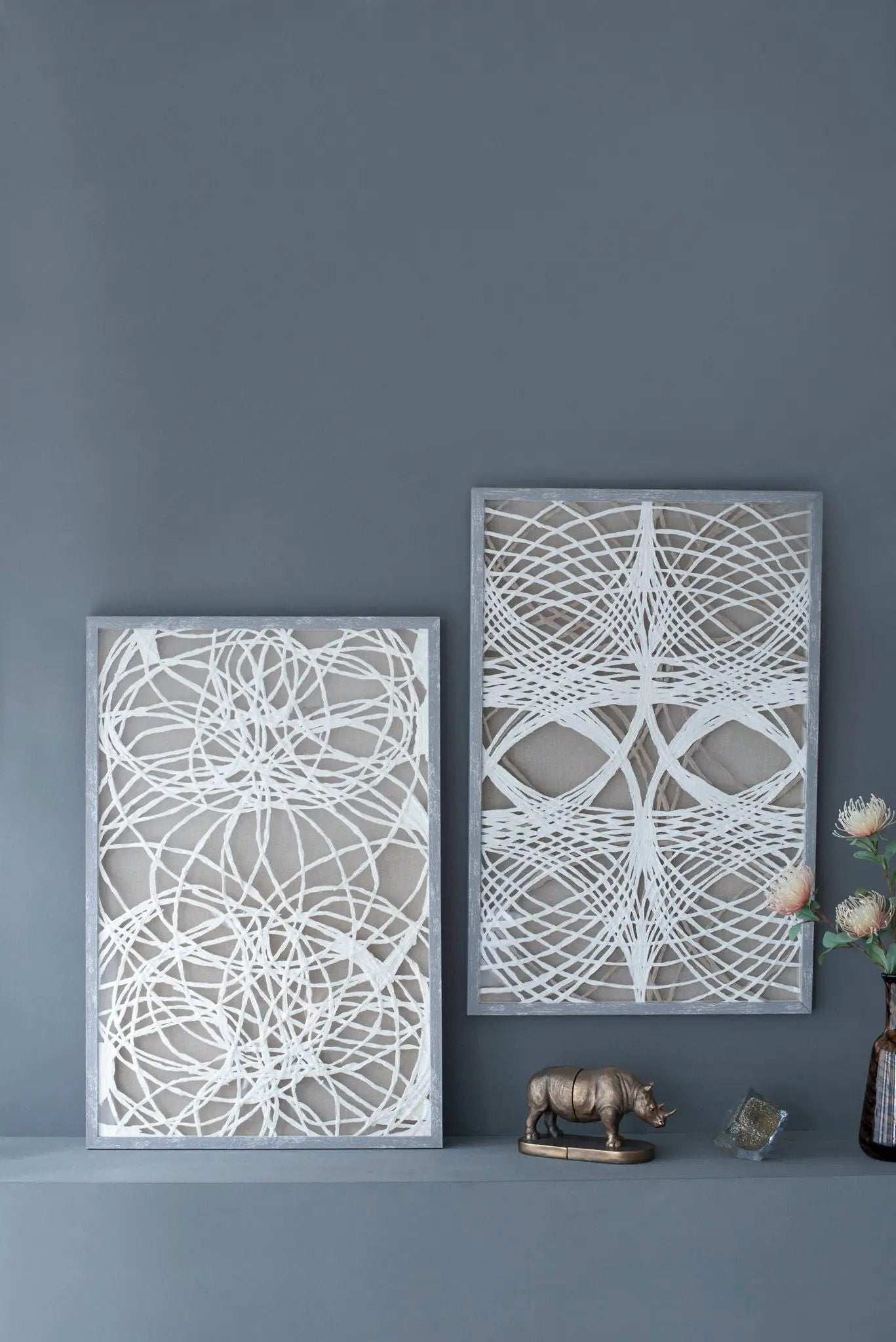 Leaf Shadow Box Wall Decor set of 2 in white/gray with abstract string art on Tampa Home & Garden Store