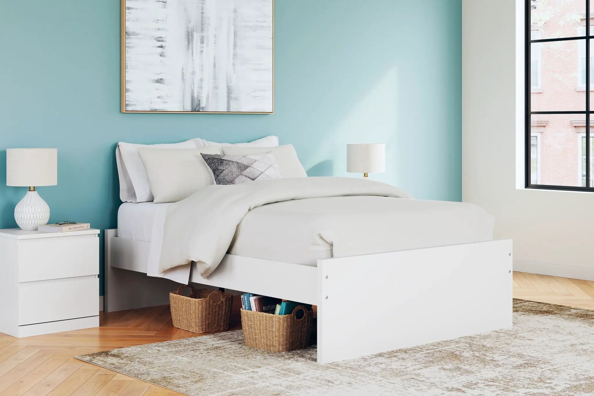 Onita Platform Bed in white with under-bed storage drawers in a bright teal-walled bedroom on Tampa Home & Garden Store