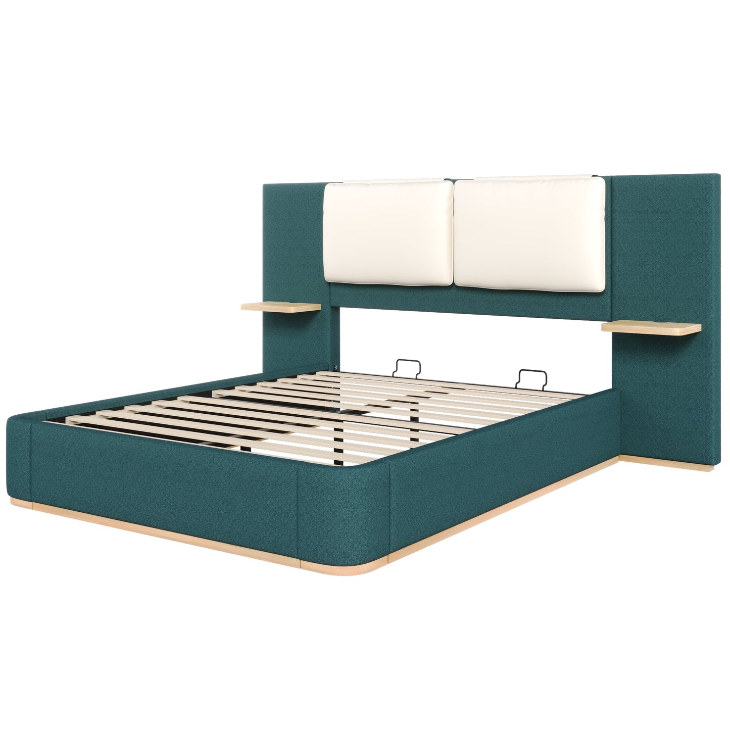 Queen size upholstered platform bed in teal with white panel headboard by HouseOfZazla on Tampa Home & Garden Store