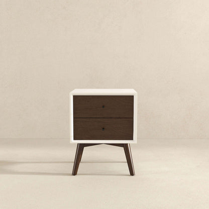 Mid-Century Modern nightstand with white frame and dark brown two-drawer front on Tampa Home & Garden Store