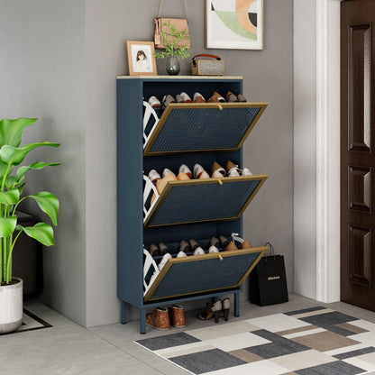 Modern Rattan 3-Door Shoe Rack Cabinet in blue with gold-trimmed doors by HouseOfZazla on Tampa Home & Garden Store