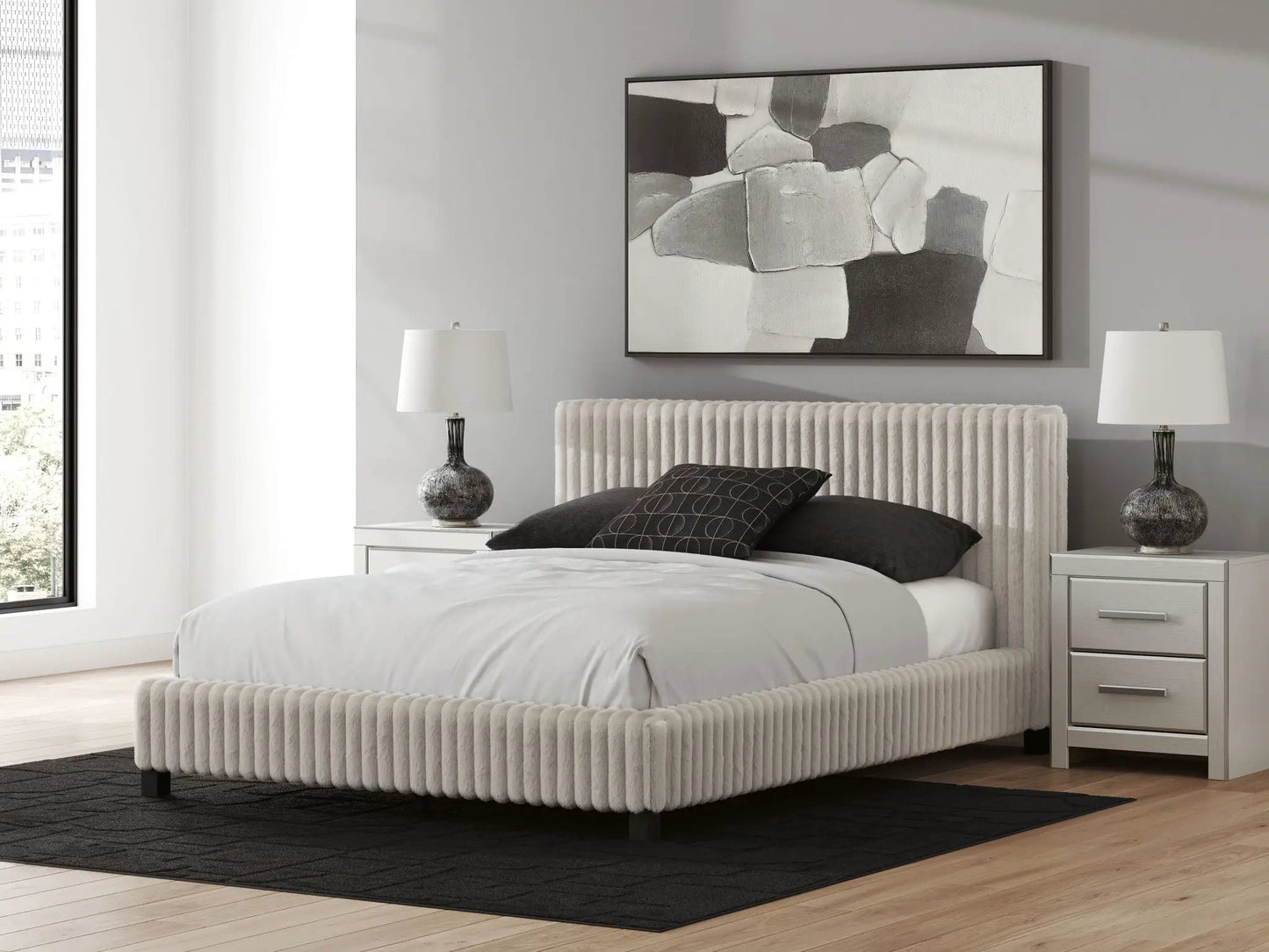 Zuraleus Upholstered Bed with cream ribbed fabric by Unique Piece Furniture on Tampa Home & Garden Store