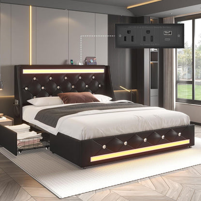 Wingback Upholstered Bed Frame Led and Usb