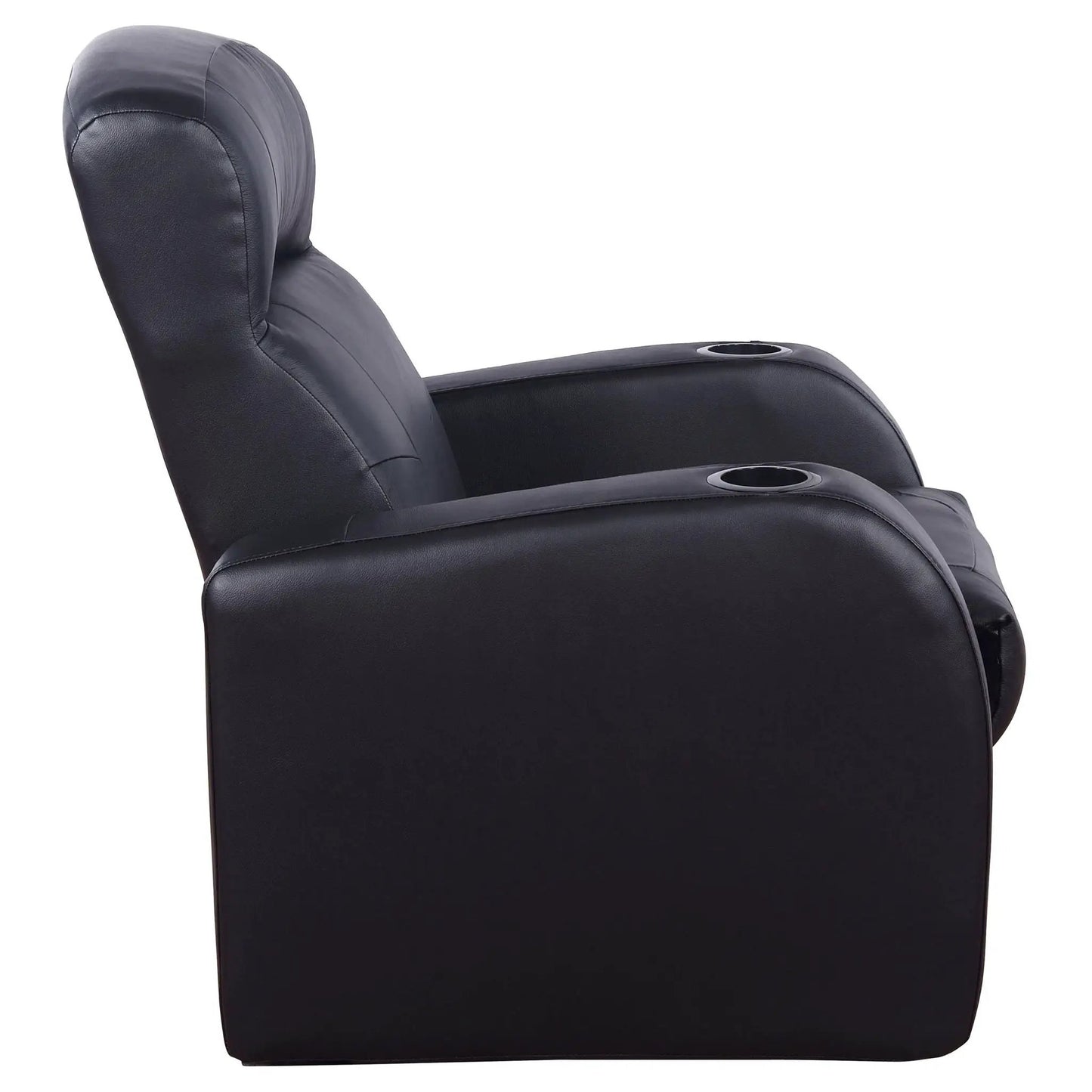 Black leather upholstered recliner with built-in cup holders; headrest and armrest close-up on Tampa Home & Garden Store