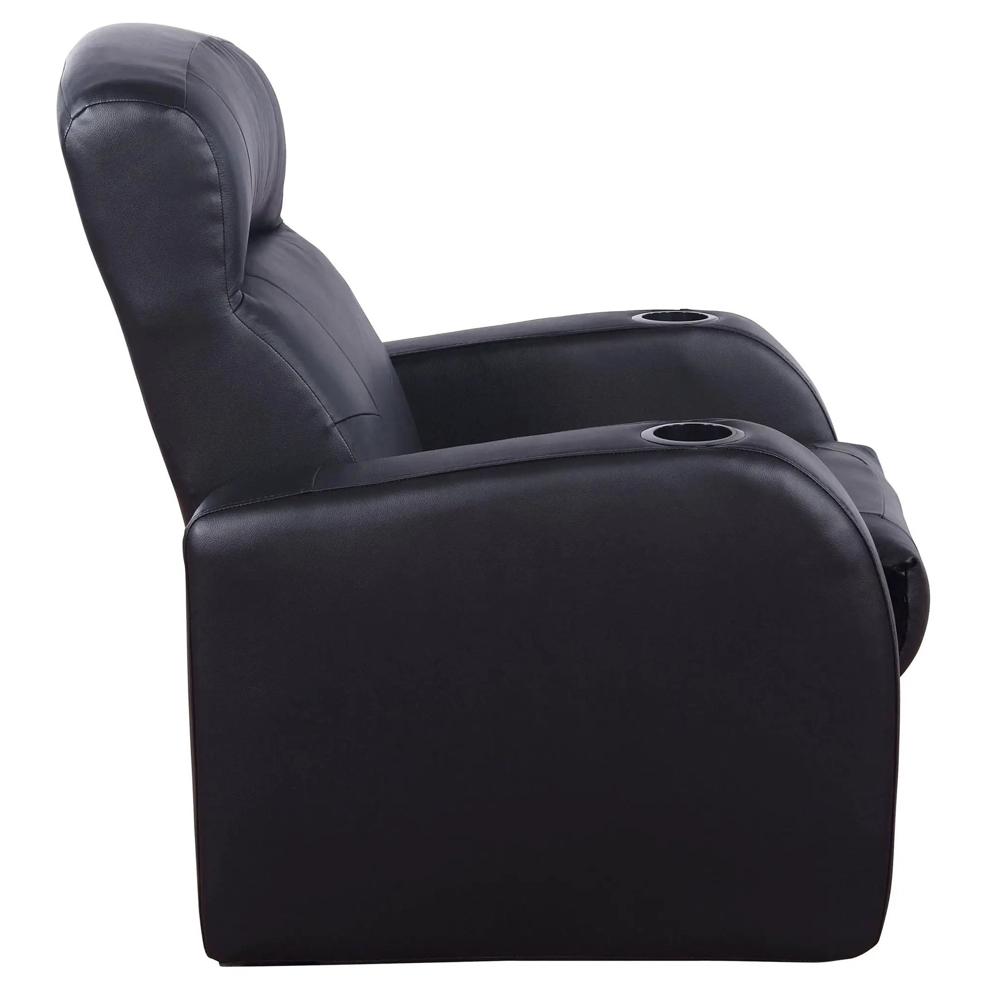 Black leather upholstered recliner with built-in cup holders; headrest and armrest close-up on Tampa Home & Garden Store