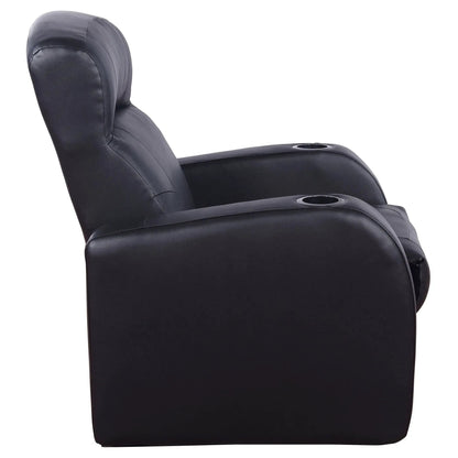 Black leather upholstered recliner with built-in cup holders; headrest and armrest close-up on Tampa Home & Garden Store