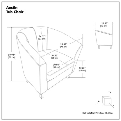 Austin Tub Chair by Unique Piece Furniture, upholstered tub seating with dimensioned blueprint on Tampa Home & Garden Store