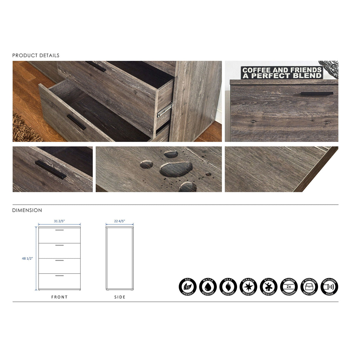 Oliver Farmhouse Jumbo Chest 4-drawer storage in gray woodgrain with black bar pulls on Tampa Home & Garden Store