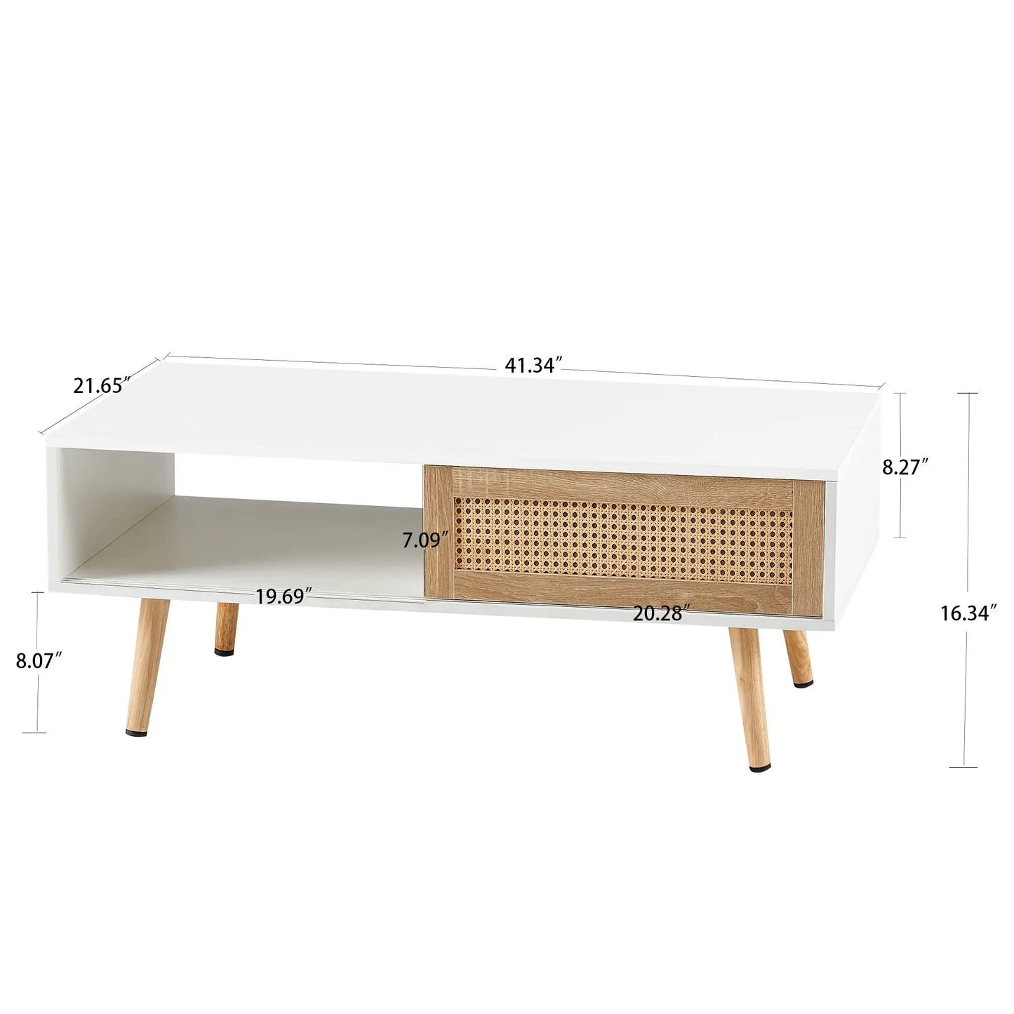 Coffee table with white finish, sliding rattan storage, solid wood legs, 41.34 in long on Tampa Home & Garden Store