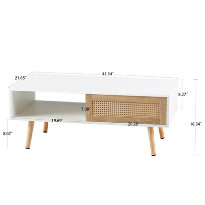 Coffee table with white finish, sliding rattan storage, solid wood legs, 41.34 in long on Tampa Home & Garden Store
