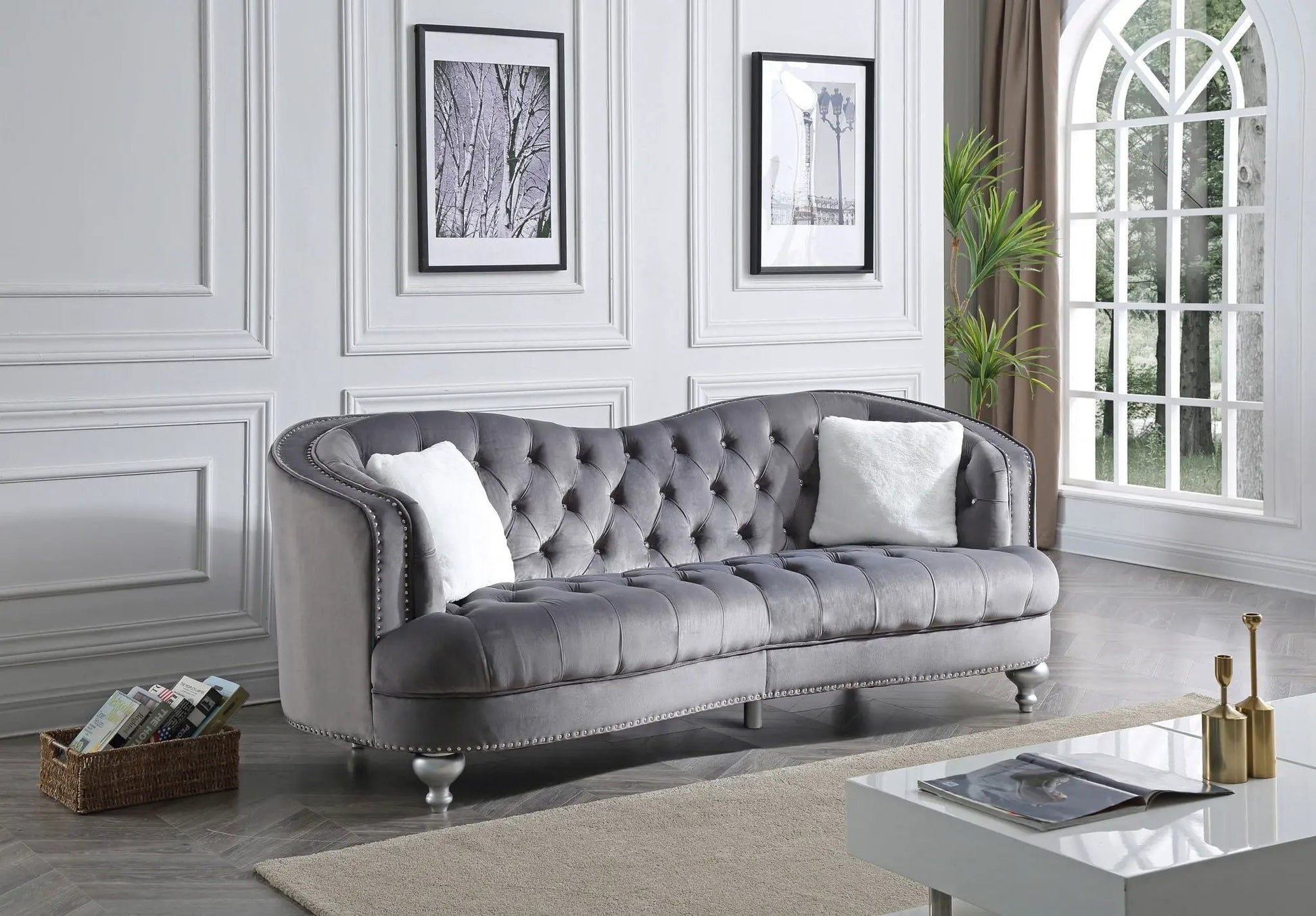 Jewel sofa Unique Piece Furniture, gray tufted upholstery with nailhead trim on Tampa Home & Garden Store