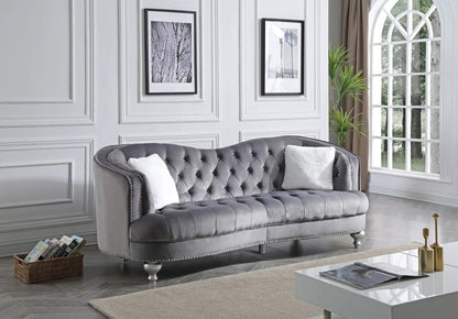 Jewel sofa Unique Piece Furniture, gray tufted upholstery with nailhead trim on Tampa Home & Garden Store