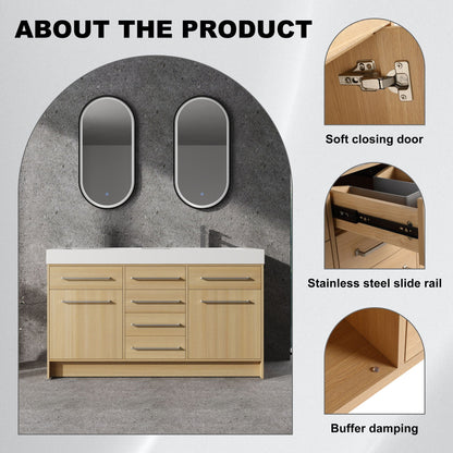Freestanding bathroom vanity with resin sink in light brown wood finish and soft-closing doors on Tampa Home & Garden Store