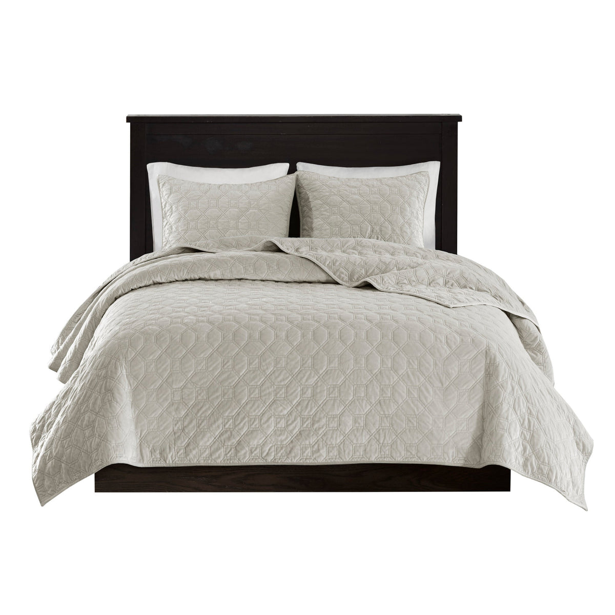 Ivory velvet quilt set antimicrobial finish, king/cal quilted geometric pattern on bed on Tampa Home & Garden Store