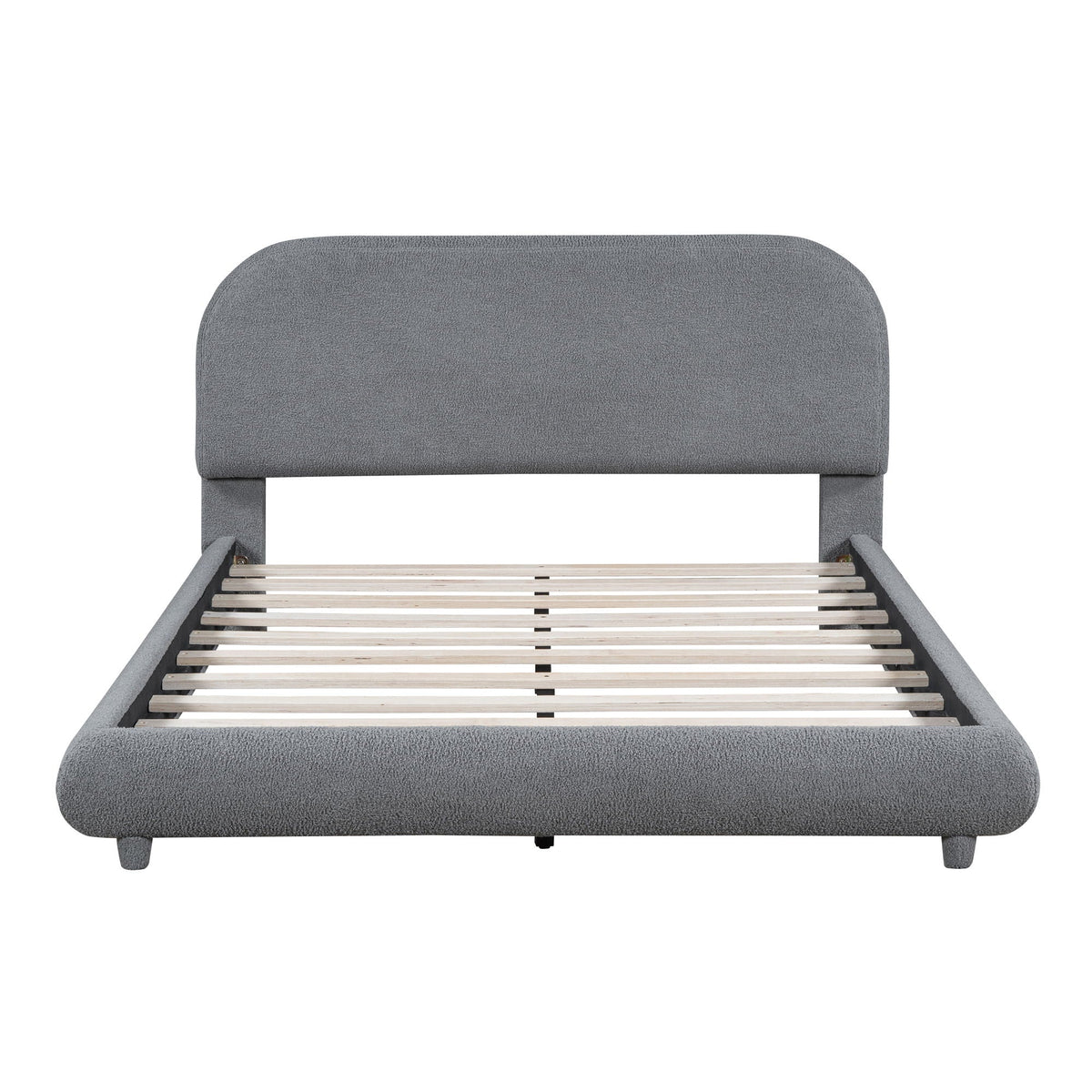 Upholstered platform bed with thick gray fabric frame and curved headboard by HouseOfZazla slats on Tampa Home & Garden Store